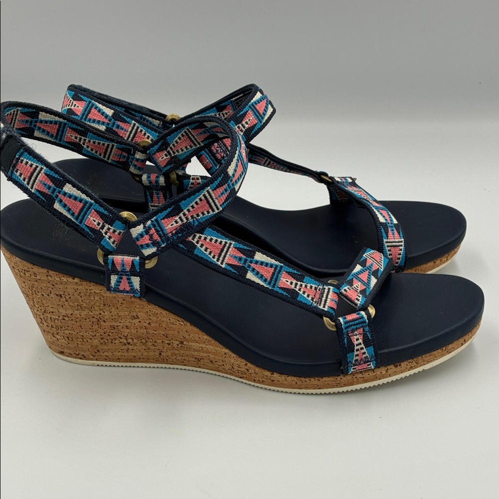 Teva Navy Cork Wedge Sandals with Pink & Teal Geometric Straps
